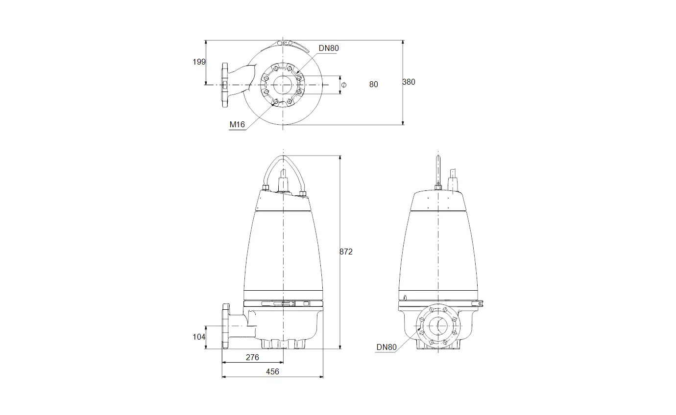 Tauchmotorpumpe von Grundfos mit klassischer Bauform. Diagramm zeigt technische Details wie Dimensionen und Anschlüsse für eine präzise Installation.